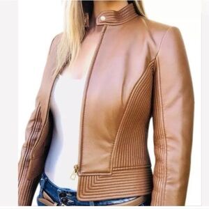 Tory Burch Calista leather riding jacket in Saddle